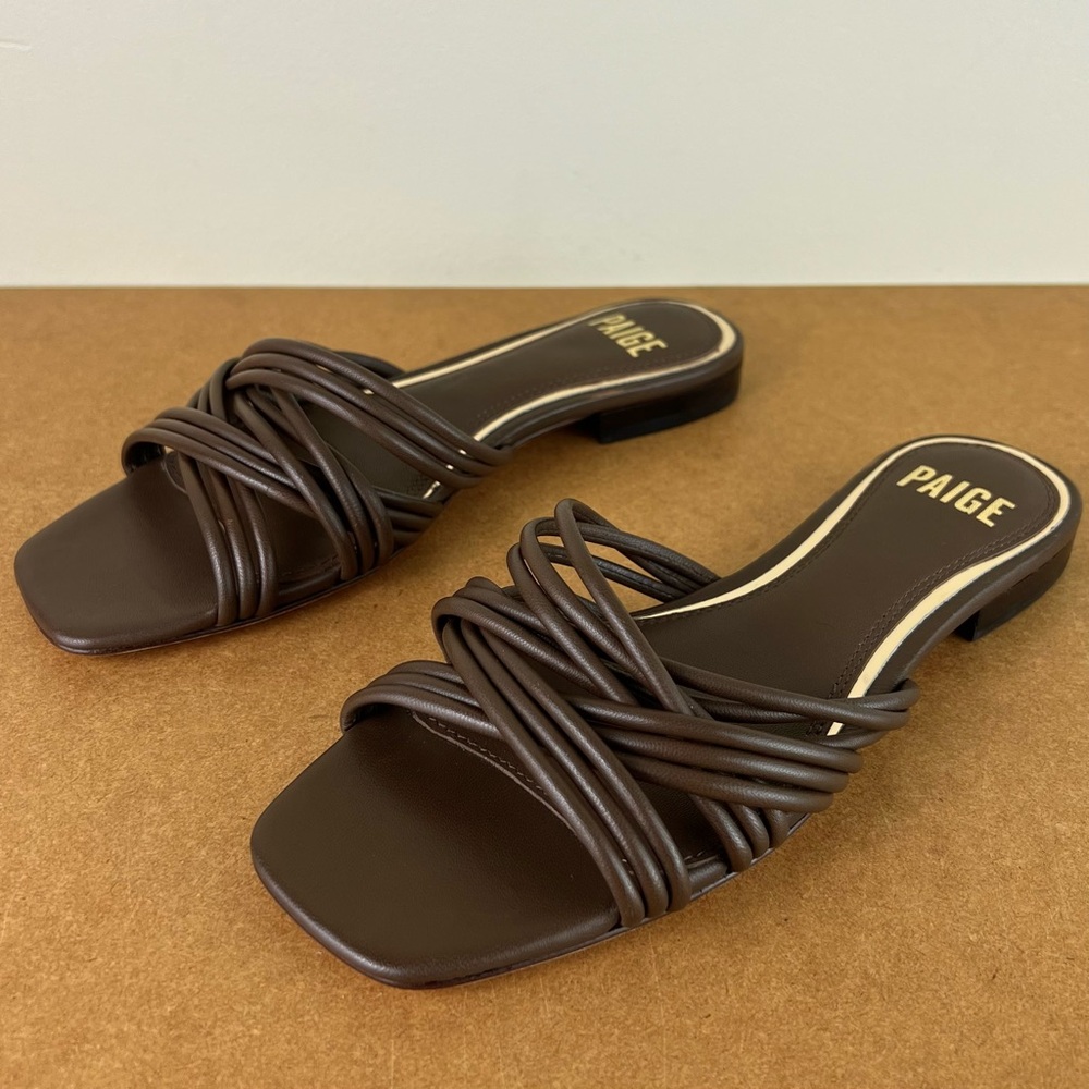 NEW PAIGE BROWN LEATHER FLAT SANDALS - Picture 9 of 13